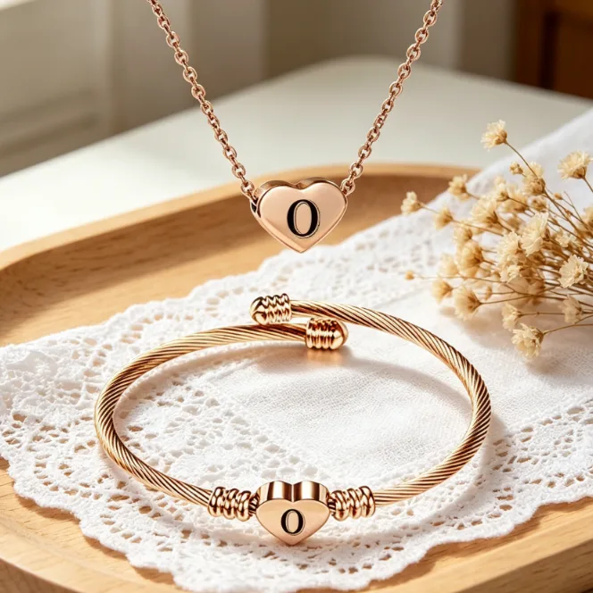 Engraved Initial A-Z Heart Pendant Thin stainless steel chain necklaces Letter Cuff Bangles Women Minimalist Statement Jewelry Sets
