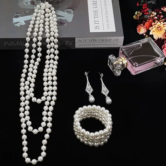 Classic Multi Strand Round Imitation Pearl Beaded Necklaces Rhinestone Accent Pearl Drop Earrings Wide Pearl Bangles Jewelry Sets For Women wedding gift view 3