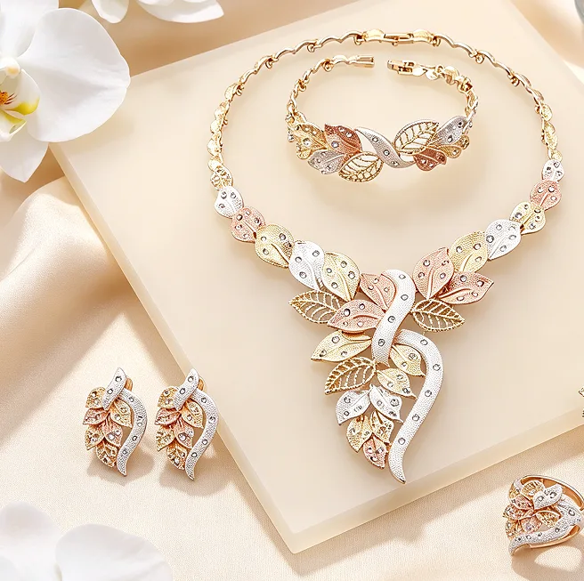 Luxury Two Tone Hollow Floral Leaf Y Drop Necklaces stud Earrings Cuff Bracelets Statement Rings Wedding Banquet Jewelry Sets