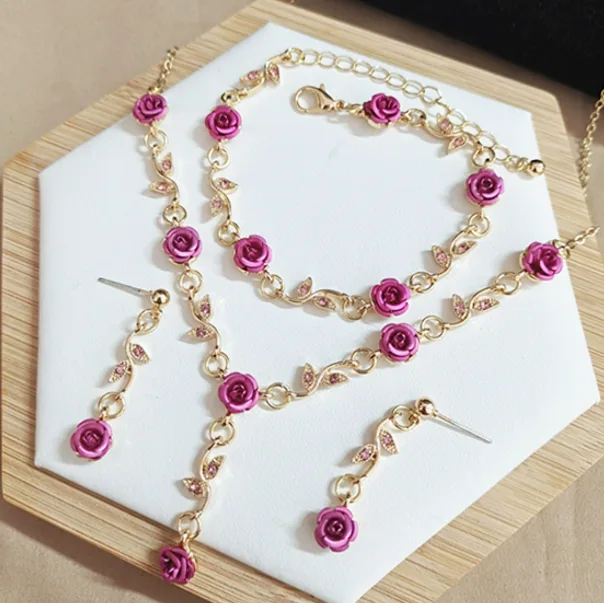 pink Rose Vine Floral Drop Necklaces flower bracelet Earrings Romantic Daily Feminine Elegant Statement Jewelry for women Valentine's Day view 2
