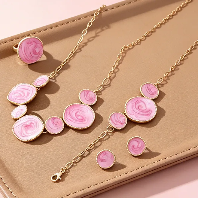 Unique Swirl Pink Enamel Irregular Round Disc Pendant Necklaces Bracelet Stud Earrings Adjustable Ring Women Statement Jewelry view 3
