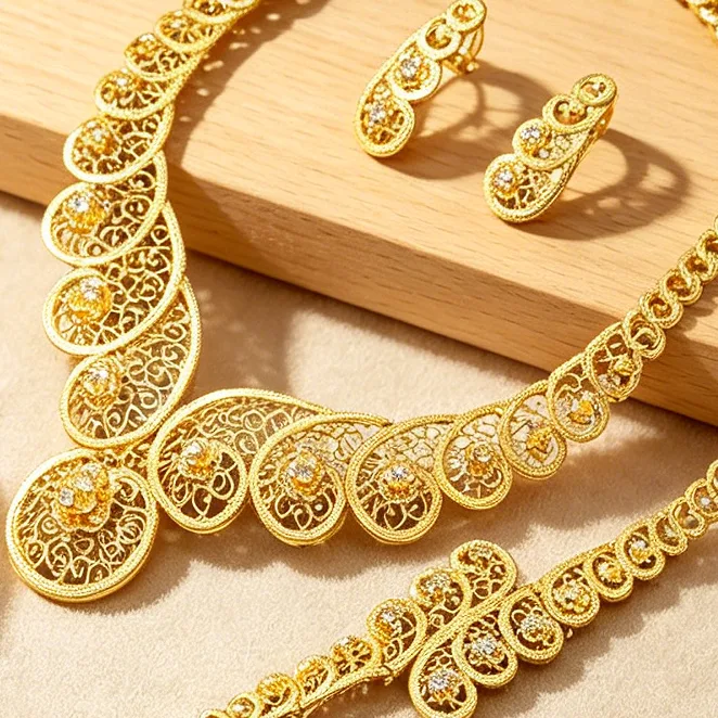24K gold plated alloy Dubai Bridal Vintage Jewelry Hollow Floral Necklaces Dangle Earrings Bracelets Flower Statement Rings Wedding Luxury Sets