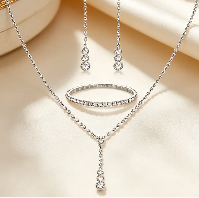 French Minimalist Linear full Rhinestone Y Drop Necklaces Dangle Earrings Thin tennis bracelet Women Bridal Evening Jewelry Sets view 2
