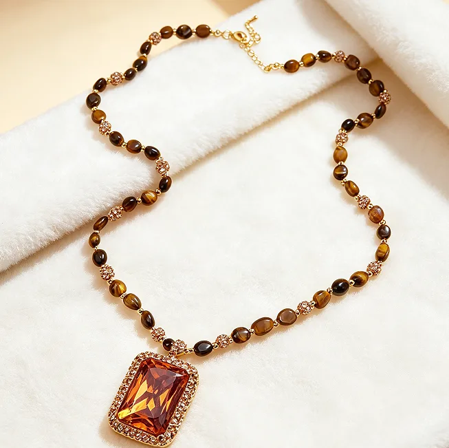 Vintage Rectangle Amber Tone Stone beaded Pendant Necklaces Dangle Earrings Adjustable Rings Retro Ethnic Women Jewelry Sets view 2