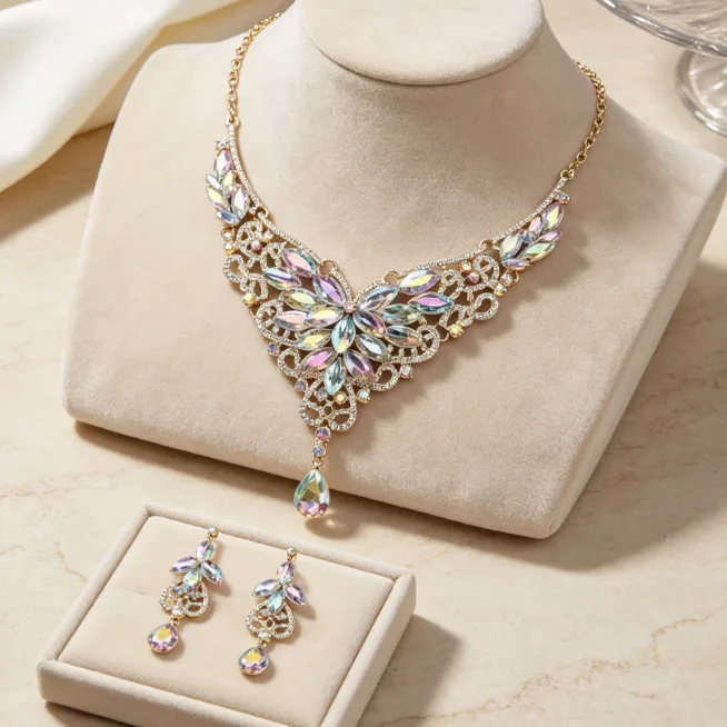 luxury chunky diamond Rhinestone Butterfly Filigree V Collar Necklaces Teardrop Drop Earrings Charms Wedding Statement Jewelry