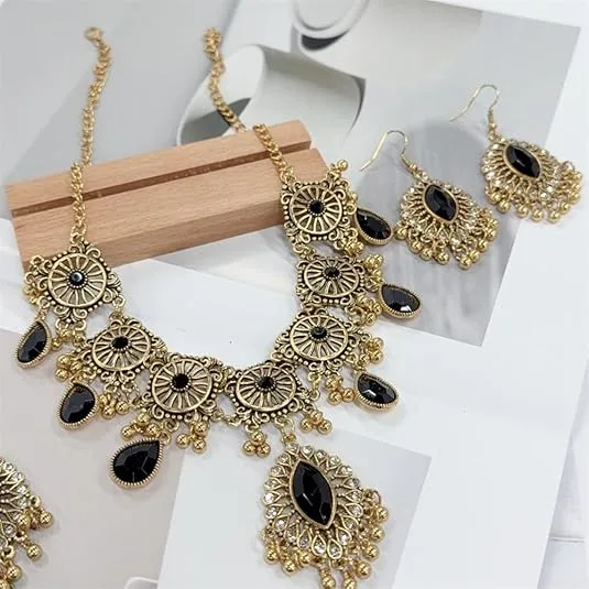 Vintage boho Ethnic Openwork Black Stone Tassel Necklaces waterdrop black Stone Drop Earrings Women chunky Statement Jewelry Sets