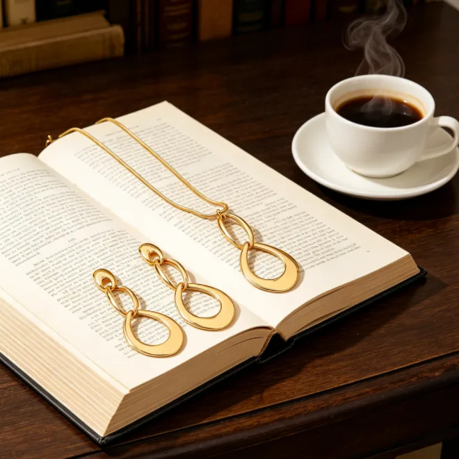 Long Interlinked Teardrop Hollow Loop Pendant Necklaces chunky Drop Earrings Minimalist Chic Daily Office Women Statement Fashion Jewelry view 3