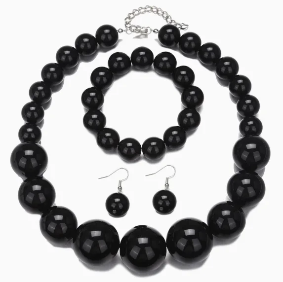 Vintage Elegant Black And White Imitation Pearl Beaded Necklace Stretch Bracelet Drop Earring Round Gradient Size Imitation Pearl Jewelry For Banquet Daily Wear view 3