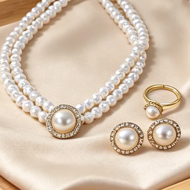Vintage Elegant Multi Layered Imitation pearl Choker Necklaces Stud Earrings Single Rings Women Bridal gift Jewelry Sets view 3