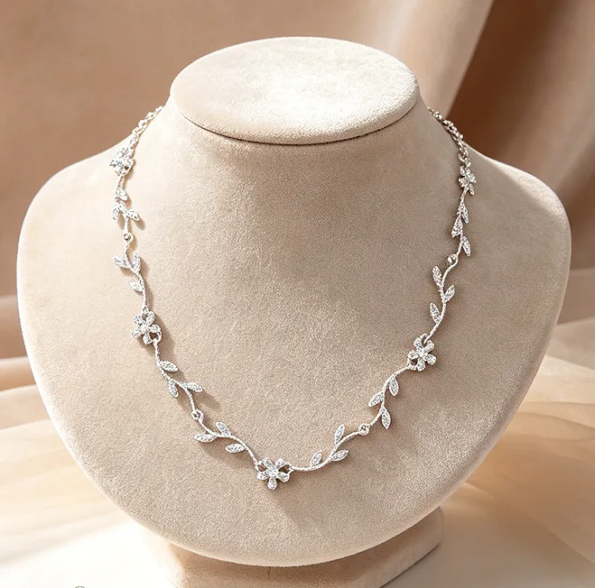Romantic Floral Leaf Rhinestone Inlaid Choker Necklaces Flower drop Earrings Bracelets for Women Bridal fashion Jewelry Sets view 2