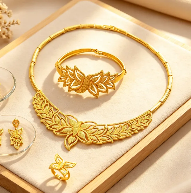 Dubai Luxury Hollow Floral Necklaces Leaf Flower Dangle Earrings Wide Cuff Bracelets Flower Rings Wedding Jewelry Sets for bridal women