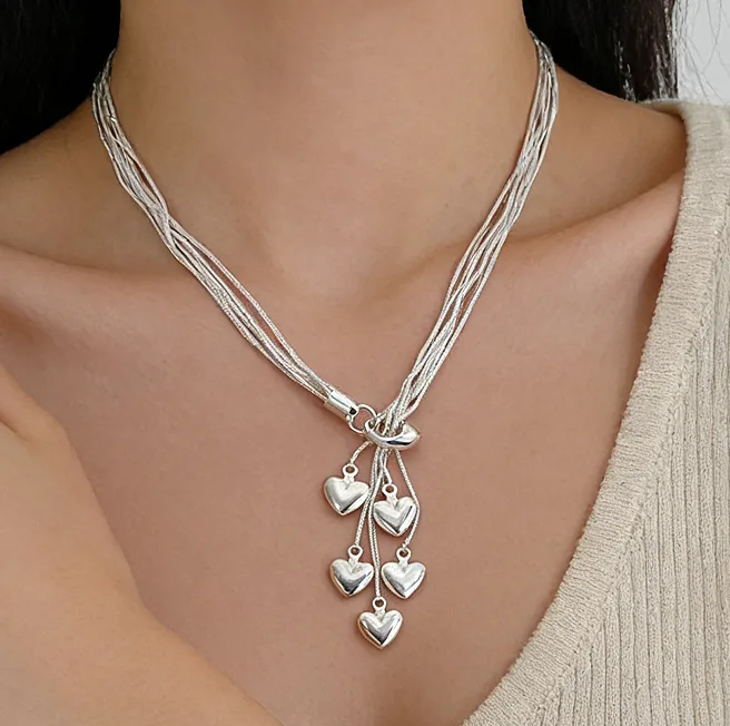 Silver Plated Copper Multi Snake Chain Heart Drop Y Necklaces Tassel Hook Earrings Charms Adjustable bracelet Minimalist Daily Jewelry view 3