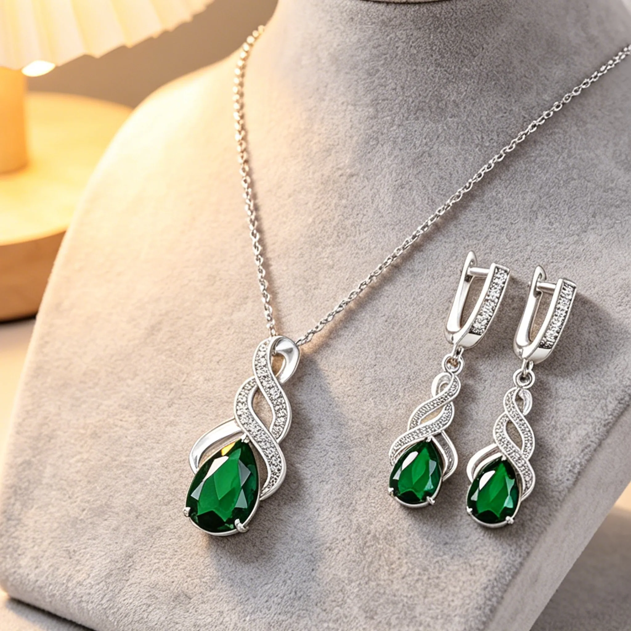 Full green Rhinestone pendant necklace luxury hoops earrings bracelets ring fancy for ladies Women luxury jewelry sets view 3