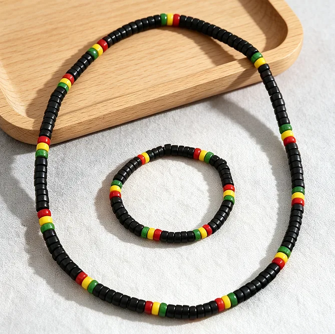 Vibrant Red Yellow Green Color Block black Beaded Stretch Bracelet Choker Necklaces Retro Reggae Street Men Daily Statement Jewelry Sets