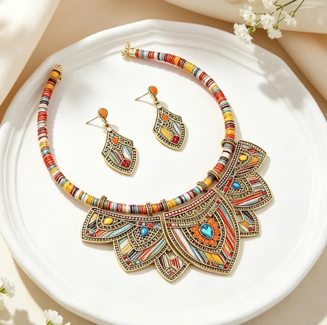 Bohemian Ethnic red Rhinestone Inlaid Petal Statement Collar Necklaces Rhombus Dangle Earrings Women vintage Jewelry Sets