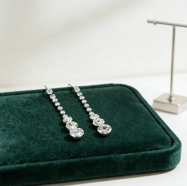 Shiny Round Rhinestone Y Shape Drop Pendant diamond Necklaces Long Tassel Earrings Charms Wedding Prom Jewelry for women view 2