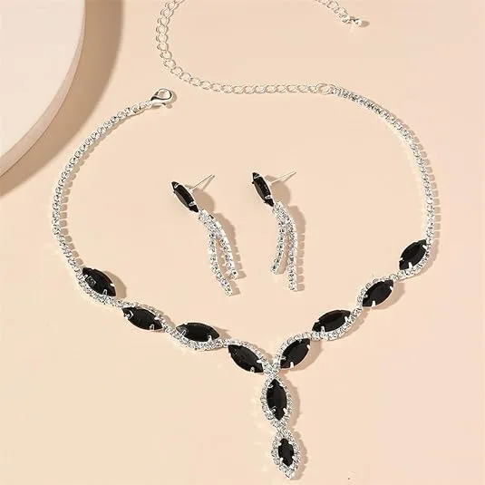 Marquise Black Stone Surrounded Clear Rhinestone V-Shape Pendant Necklaces Tassel Drop Earrings Jewelry Sets for Women view 2