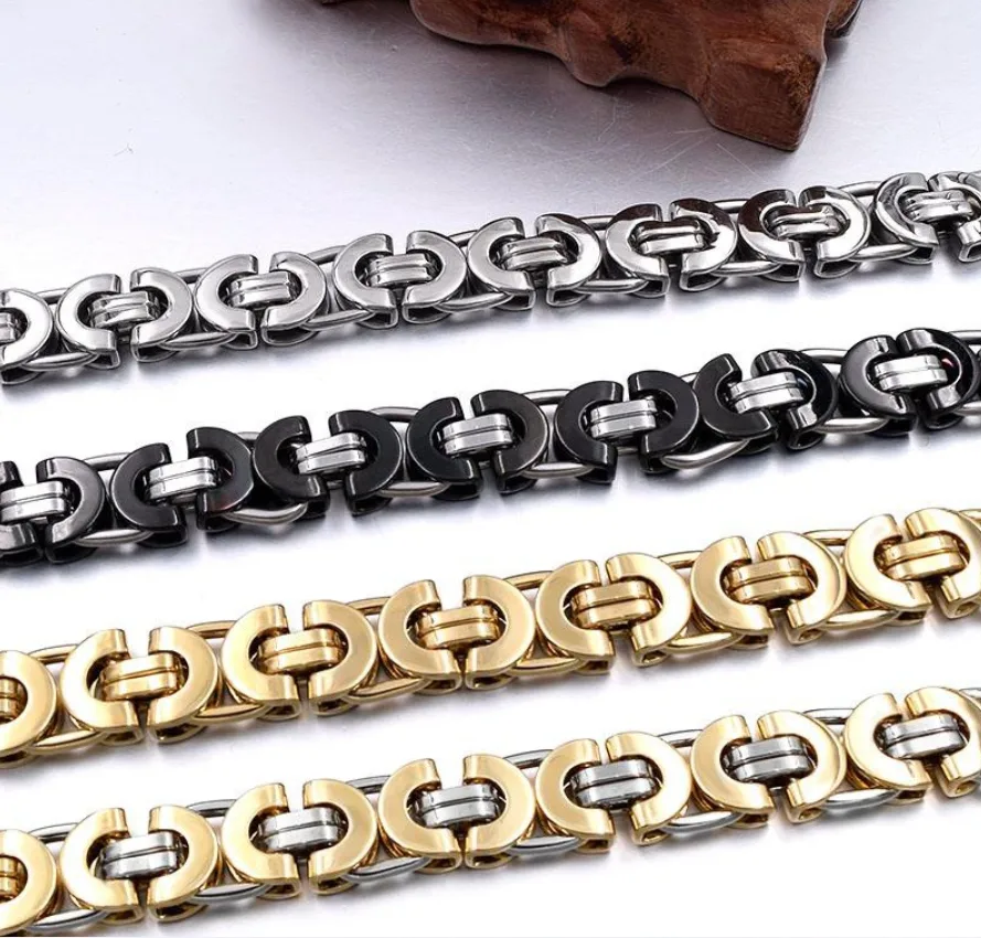 Two Tone Black Plated Stainless Steel Flat Rectangular Interlock Link Chain Necklaces Toggle Clasp Stainless Steel Flat Link Bracelets Men Punk Hip Hop Statement Jewelry Sets view 2
