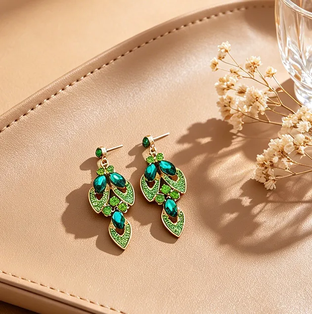 Luxury Leaf Flower Full Rhinestone Bib Choker Necklaces Long Drop Earrings Emerald Green diamond Formal Women Jewelry Sets view 2