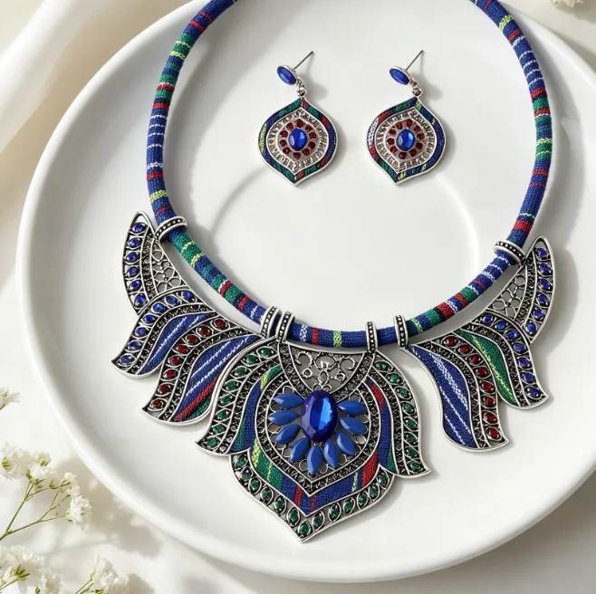 Bohemian blue Ethnic Colorful Fabric Statement Choker Necklaces Geometric Block Dangle Earrings Women Retro Holiday chunky Jewelry Sets view 2