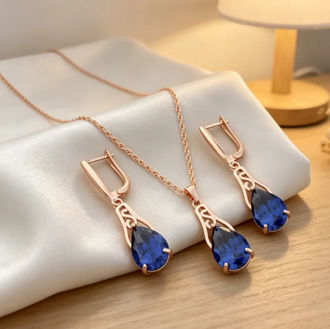 Vintage Hollow Teardrop Champagne Zircon Pendant Thin Chain Necklaces CZ Huggie Drop Earrings for Women classic Jewelry Sets view 2