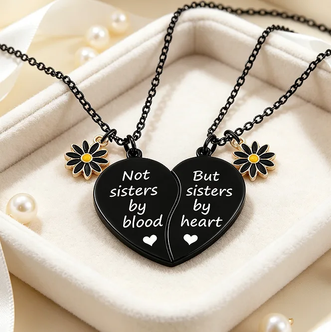 2-Split Heart Engraved Pendant Necklaces Mini Pink Daisy Enamel Charms Best Friend Sister Couple Friendship women Jewelry Sets