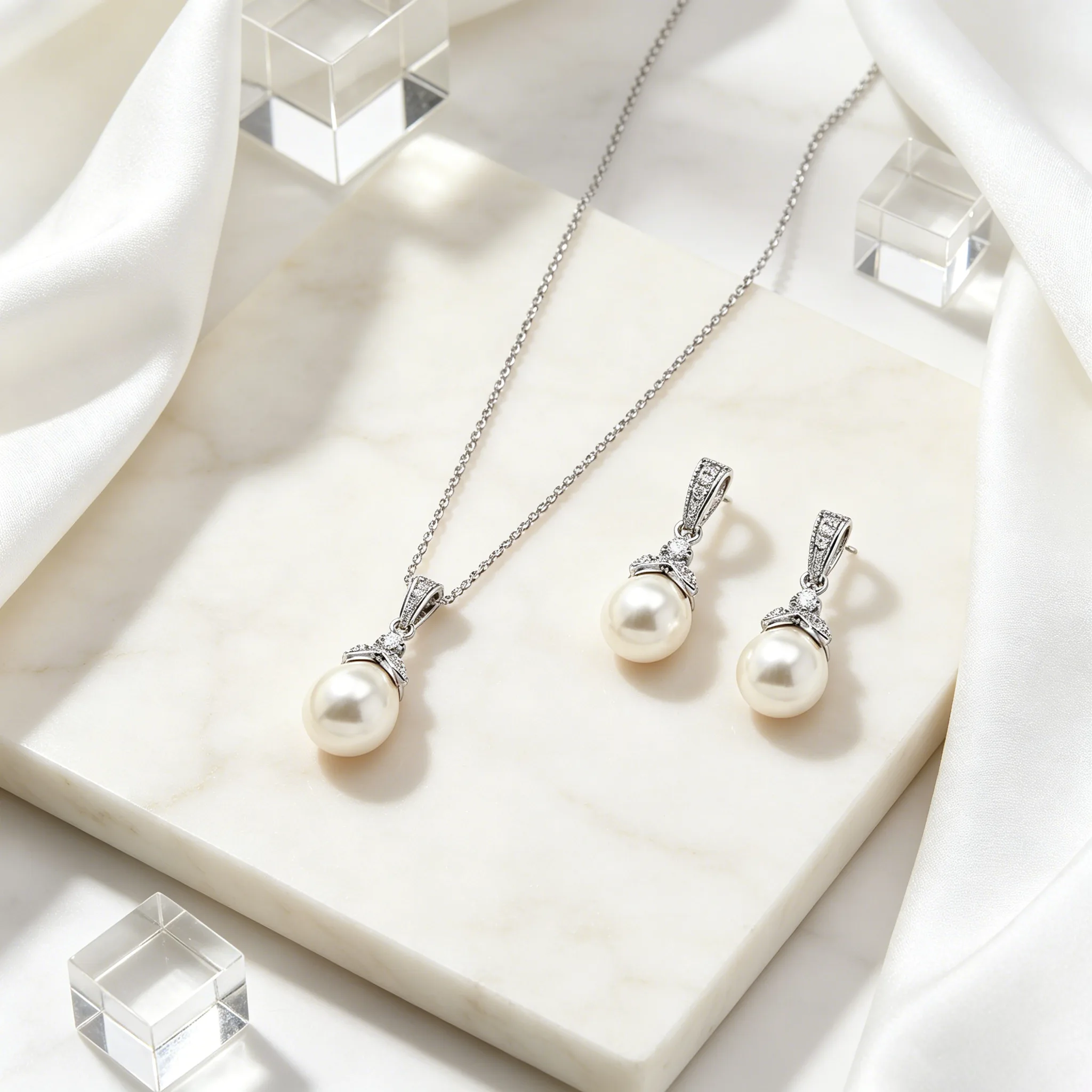 French Elegant Rhinestone Pearl Pendant Necklaces Round Imitation Pearl Drop Earrings classic Jewelry Sets for Women Daily Bridal