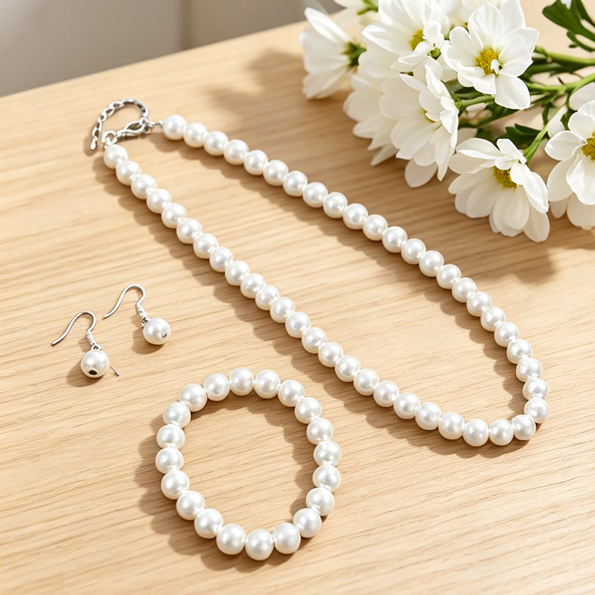 elegant Imitation Pearl 3 Piece classic jewelry sets necklaces earrings bracelet for women gift view 3