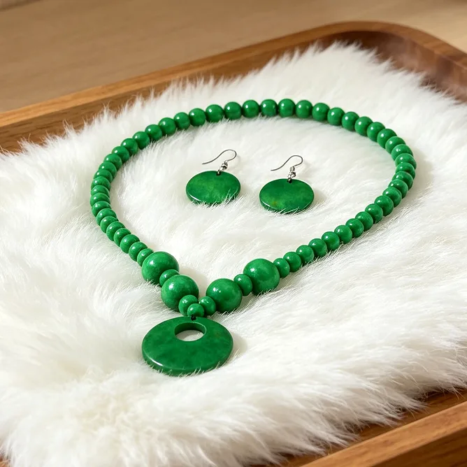 Green Round Beaded Pendant Necklaces Circle Disc Drop Earrings Boho Vacation Statement fancy jewelry for ladies Women view 2