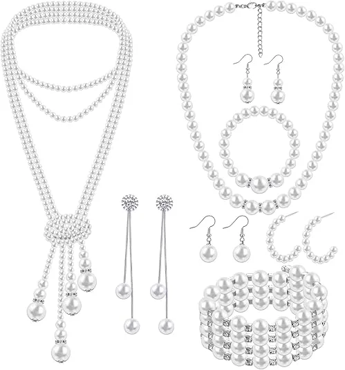 Fashion Multi Tier Pearl Tassel Necklaces Varied Length Pearl Drop Earrings Wide Row Pearl Link Bracelets Women Evening Stack Jewelry Sets