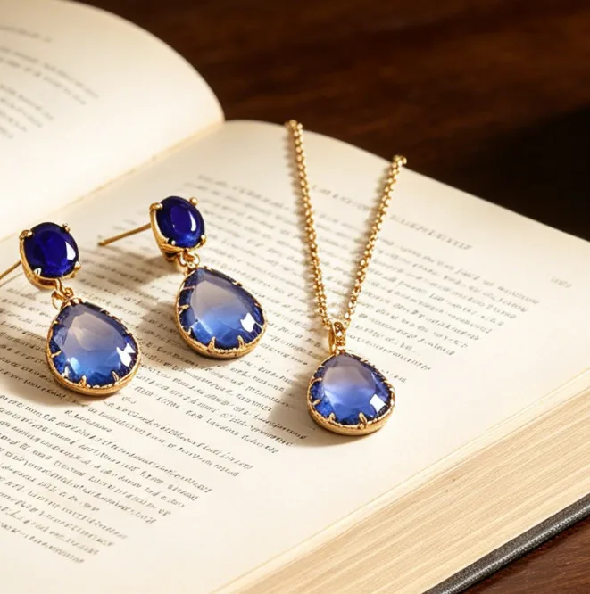 Zircon Two-Tone Gradient Teardrop Gem Pendant Necklaces Double Stone Drop Stud Earrings Fashion fancy jewelry for ladies Women sets view 2