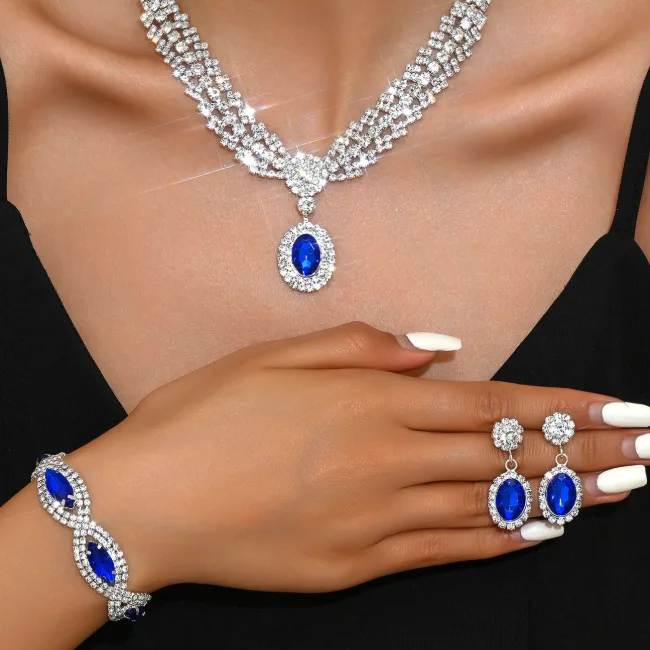 Vintage Royal Luxury Oval Blue Rhinestone Pendant Necklaces Bracelet Drop Earrings Wedding Pageant Banquet Women Statement Jewelry view 3