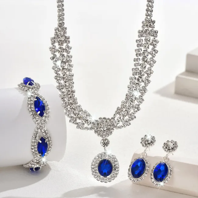 Vintage Royal Luxury Oval Blue Rhinestone Pendant Necklaces Bracelet Drop Earrings Wedding Pageant Banquet Women Statement Jewelry