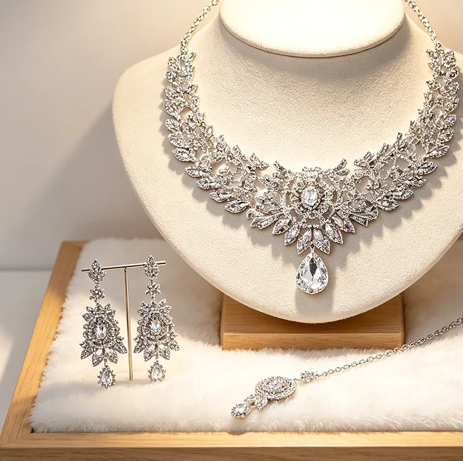 Luxury Floral Rhinestone Bridal Choker Necklaces Long Drop Earrings Forehead Chain Elegant Wedding Party Women Jewelry dainty accessories view 2