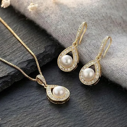 Elegant Teardrop Halo Pearl Pendant Necklaces Drop Earrings Wedding Evening Party fashion Jewelry Sets for Women view 2
