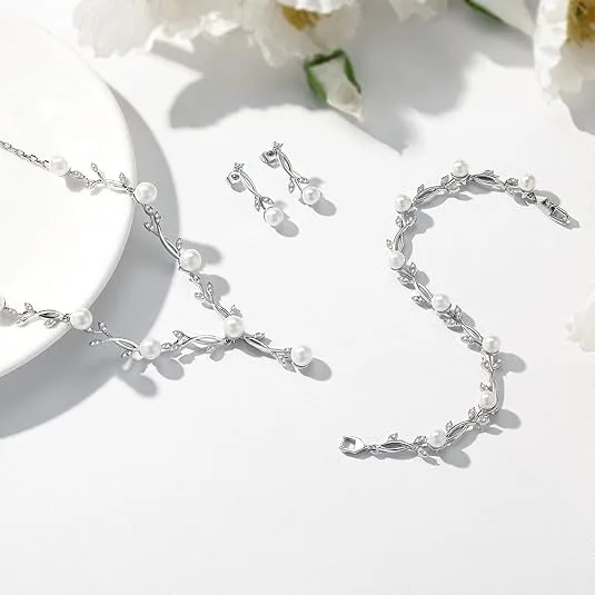 Bridal Floral Vine Imitation Pearl Y-Shaped Necklaces Drop Earrings Bracelets Women Wedding fashion wedding elegant bridal Jewelry Sets view 3