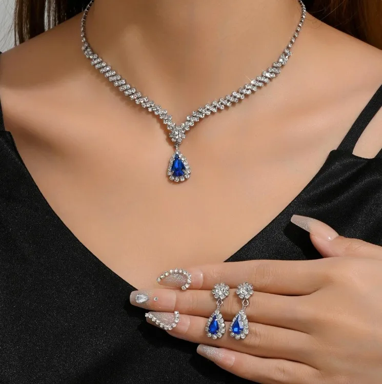 Glam V-Shaped Teardrop Rhinestone black Pendant Necklaces Drop Earrings fashion Jewelry Sets for Women bridal view 3