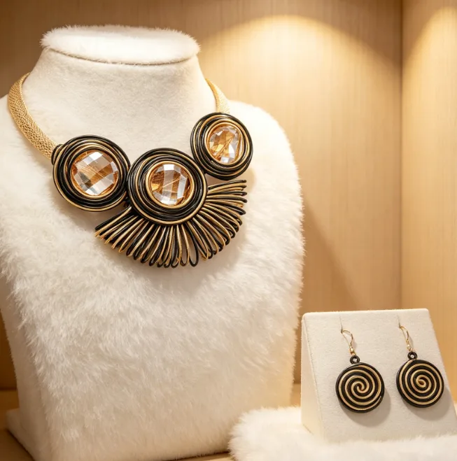 Hand Woven Oversized Spiral Round Crystal Inlaid Bib Choker Necklaces Swirl Circle Drop Earrings Ethnic Bohemian Statement Women Jewelry view 3