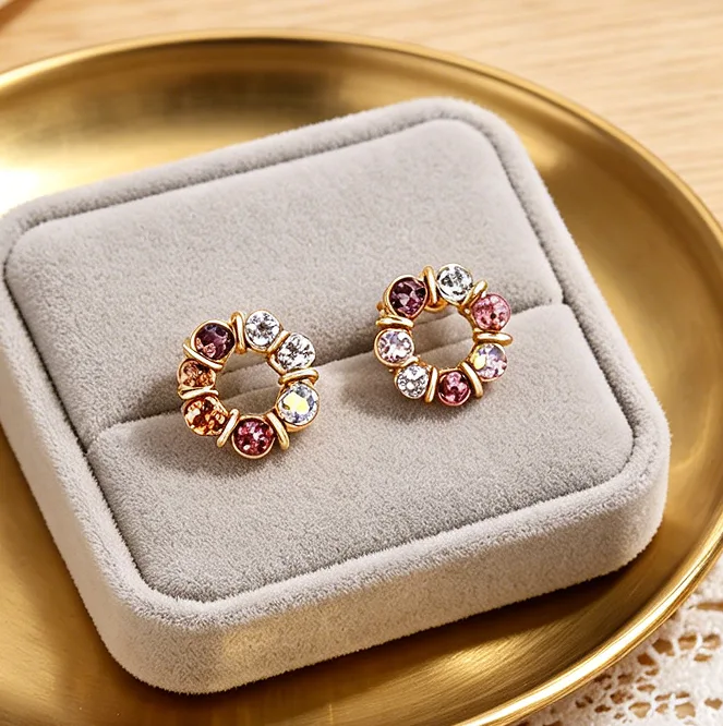 Romantic Multicolor Round Rhinestone Circle Pendant Necklaces Stud Earrings Sweet classic fashion Women Jewelry view 3