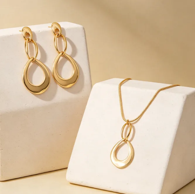 Long Interlinked Teardrop Hollow Loop Pendant Necklaces chunky Drop Earrings Minimalist Chic Daily Office Women Statement Fashion Jewelry view 2