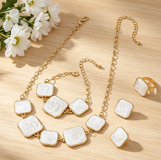 Chic Swirl Texture Square Patchwork Pendant Necklaces Bracelet Stud Earrings Ring Minimalist Statement fancy jewelry for ladies Women