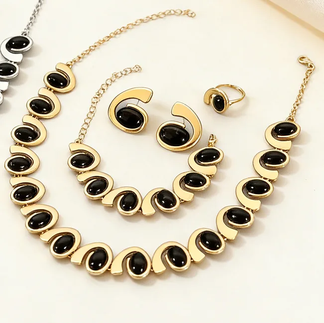 Vintage Spiral Snail Inlaid Black Stone Necklaces Bracelet Stud Earrings Ring chunky Statement Fashion designer inspired jewelry sets view 3