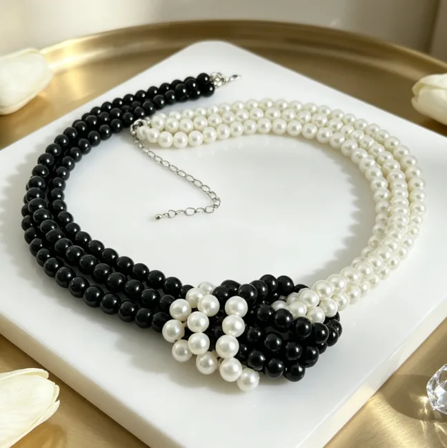 Smooth Imitation Pearl Multi Strand Black White Knotted Collar Choker Retro Colorblock Fashion Statement Necklace women Jewelry