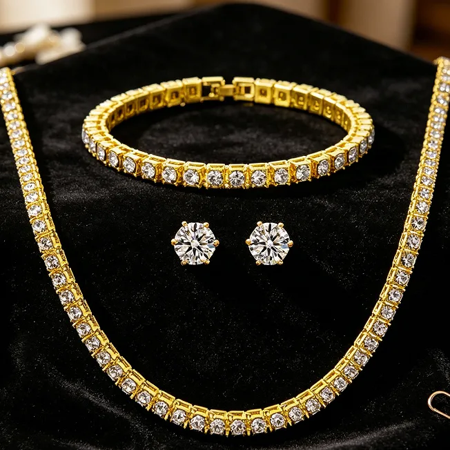 Luxury Iced Out Tennis Chain Rhinestone Necklaces Clasp Closure Inlaid Wrist bracelet Snowflake Cluster Stud earrings Women Bridal Prom Glam Statement Jewelry Sets