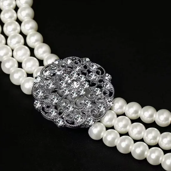 Chic Multi flower Imitation Pearl Layered long Necklaces Floral Drop Earrings Women for Evening Party wedding Jewelry Sets view 3
