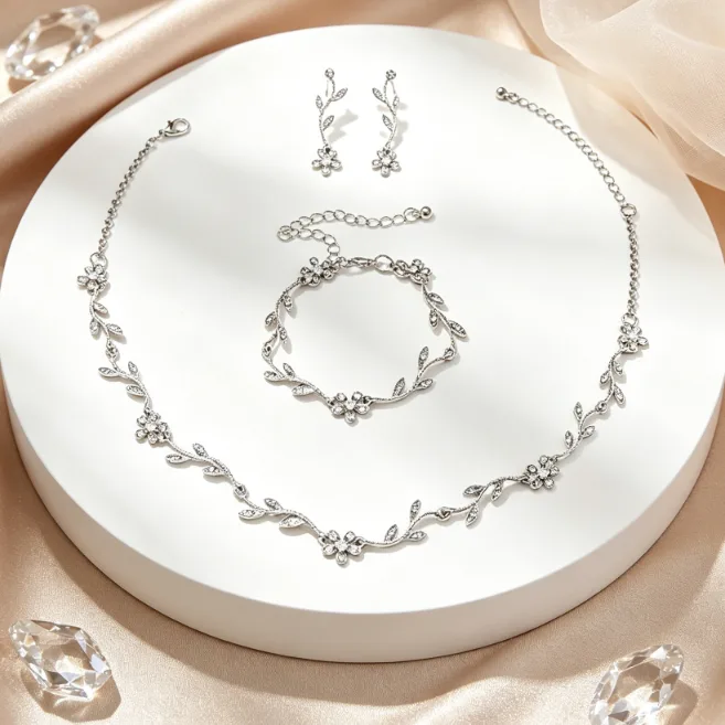 Romantic Floral Leaf Rhinestone Inlaid Choker Necklaces Flower drop Earrings Bracelets for Women Bridal fashion Jewelry Sets view 3