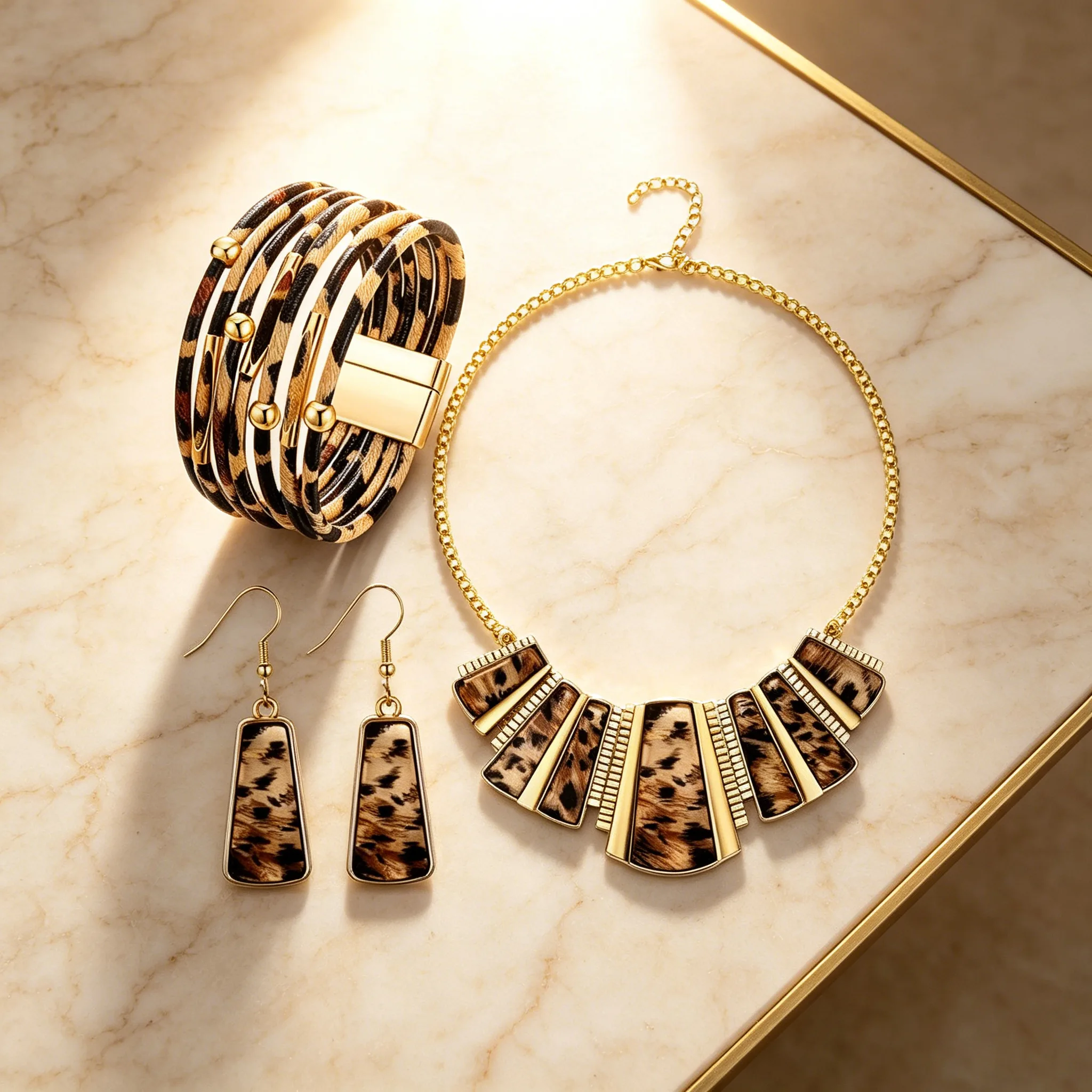 Vintage boho vintage Leopard print magnetic clasp leather Dangle Design drop Design Pendant Necklaces Jewelry Sets wholesale jewelry for Women Party