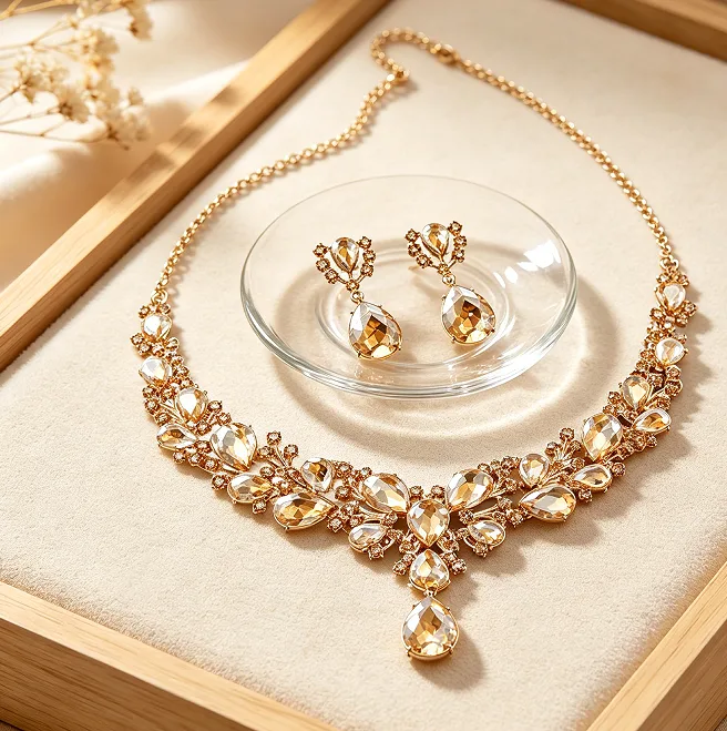 Luxury Champagne Teardrop Rhinestone Y Drop pendant Necklaces Dangle Earrings Women Wedding Evening Bridal Jewelry Sets