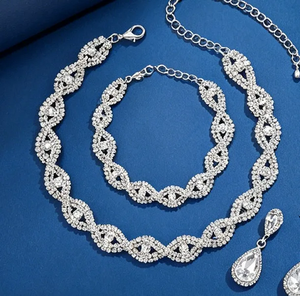 Luxury Twisted Vine Waterdrop Rhinestone Bib Choker Necklaces Teardrop Dangle Earrings Interwoven diamond Link Bracelets Bridal Wedding fancy Jewelry Sets for Women