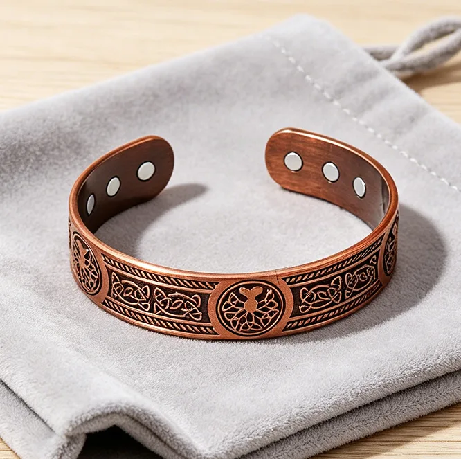 Vintage Engraved Tree of Life Magnetic Open Cuff Bangles Adjustable Pattern Open Rings Retro Health Care Women Statement Jewelry Sets view 3